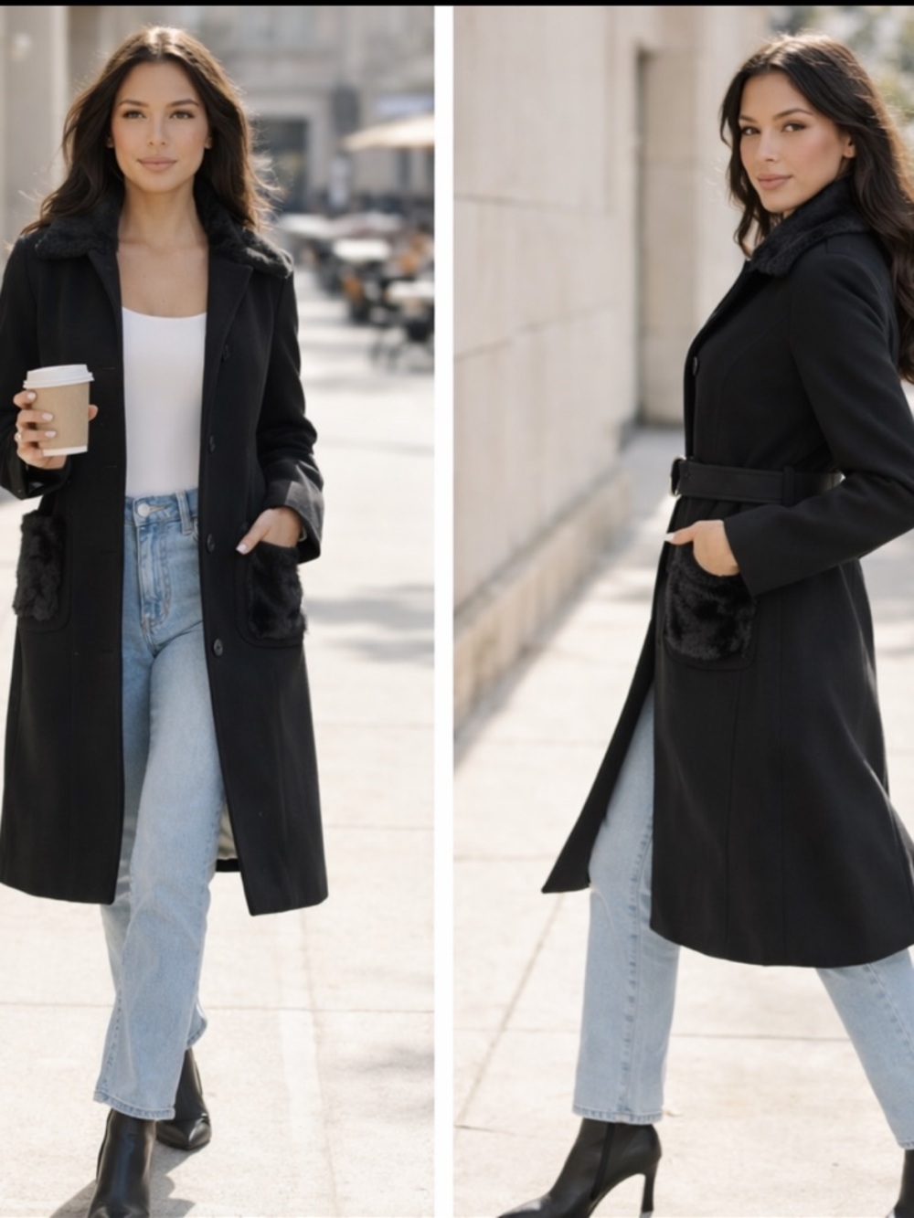 7. COST🛑Black faux fur pocketed peacoat belted pockets coat jacket - Picture 3 of 3